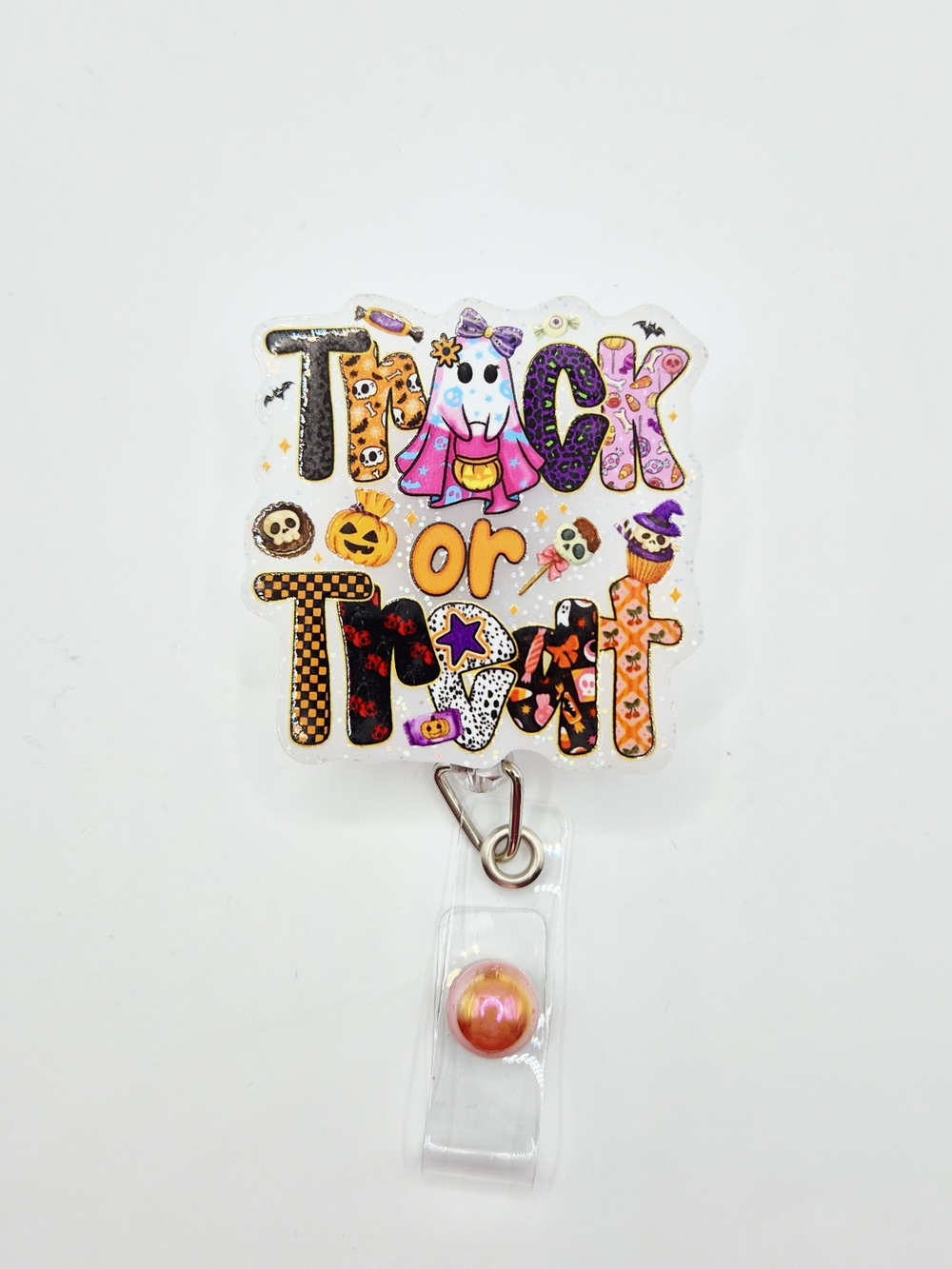 Halloween 'Trick or Treat'  Badge Reel Belt Clip- Orange & Purple